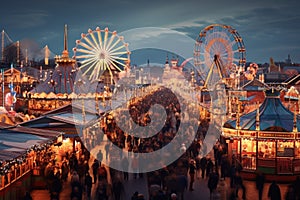 people at the Oktoberfest in Munich, Beer tents and fairground rides on the Oktoberfest in Munich, AI Generated