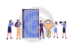 people open the door with a key, lock, making keys urgently flat vector illustration