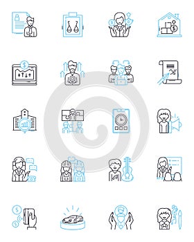 People operations linear icons set. Recruitment, Onboarding, Training, Retention, Engagement, Performance, Culture line