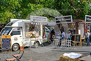 People order meal from food trucks at Food Truck Fair in Bangkok.
