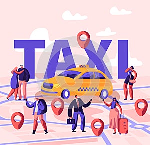 People Ordering Taxi Using Application and Catching on Street Concept. Male and Female Passengers Characters Stand near Yellow Car