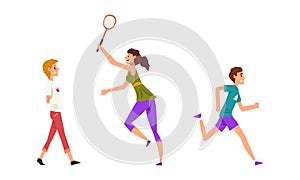People Outdoor Activities Set, Young Men and Women Playing Badminton, Walking and Jogging Cartoon Vector Illustration