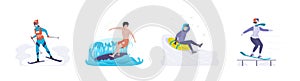 People outdoor sport activity set. Active man and woman practicing surfing, skiing, snowboarding