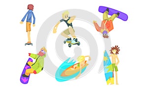 People Outdoors Activities Set, Snowboarding, Surfboarding, Skateboarding Vector Illustration