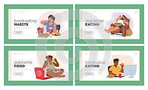 People Overeating Habits Landing Page Template Set. Overweight Characters With Obsessive Eating Habits