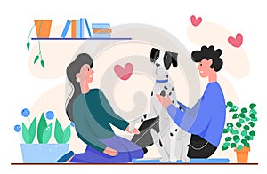 People owner with dog vector illustration, cartoon flat happy young man woman hugs doggy, couple characters spend time