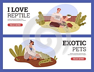 People owning reptile pets, web banners set, flat vector illustration.