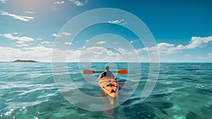 People paddles kayak in the lake or sea with turquoise water. ai generative