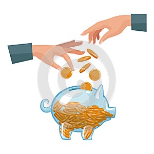 People pair hands depositing coins in a money piggy bank