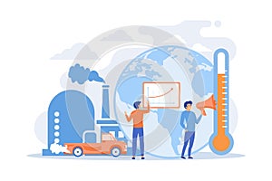 People in panic to announce global heating data. Globe with power plant and traffic fumes as a symbol of environment pollution,