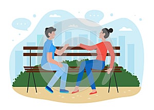 People in park flat vector illustration, cartoon happy young friends or couple characters sitting on bench in city