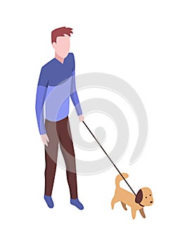 People in park isometric. Man walking with dog. Active living recreation activities. Spending free time usefully. Vector