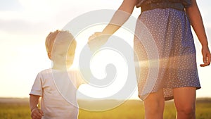 people in the park. mother and son walk at sunset in nature in the summer in the park. happy family a kid dream concept