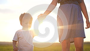 people in the park. mother and son walk at sunset in nature in the summer in the park. happy family lifestyle a kid