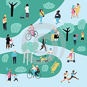 People in park, outdoor activity characters vector illustration
