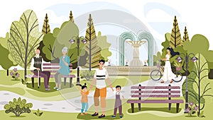 People in park outdoor among trees, nature lifestyle, happy father with kids, girl with bycicle and eldery couple vector photo