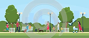 People in park. Persons leisure and sport activities outdoor. Cartoon family and kids characters in summer park vector photo