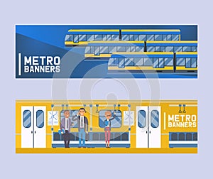 People passangers in subway car, modern city public transport, underground tram set of banners flat vector illustration