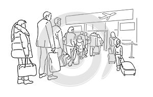 People passengers at queue to airport entrance thin line vector illustration