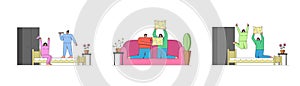 People Pastimes Concept. People Are Spending Time At Home. Young Couple Is Having Pillow Battle On the Sofa