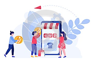 People pay online in internet, store and mart concept and vector illustration on white background. Modern way to