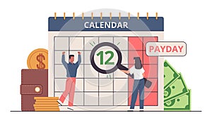 People in payday. Happy workers mark day in calendar, salary date, inspired employees characters, loans repayment