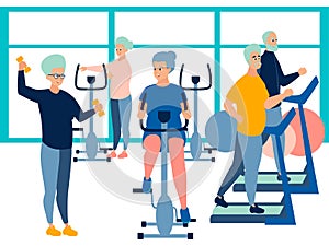 People, pensioner in the gym. training on simulators. In minimalist style Cartoon flat raster photo