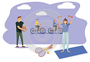 People performing sports activities or exercise and wholesome food. Concept of healthy habits, active lifestyle, fitness training