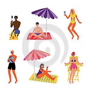 People performing summer leisure outdoor activities at beach set. Young men and women sunbathing, eating ice cream