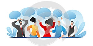 People person with different opinion, communication by speech bubble, vector illustration. Business man woman discussion