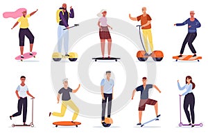 People with personal vehicles. Eco friendly transport devices, man and woman riding skateboard, kick scooter and segway