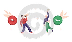 People persuading to choose Yes or No button, flat vector illustration isolated.