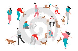 People pet dog owner vector illustration, cartoon flat happy woman man character play together, walk with puppy isolated