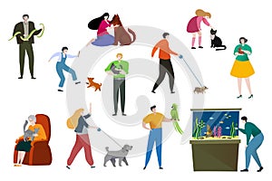 People pet owner vector illustration, cartoon flat happy woman man character have fun, playing with own animal, love pet