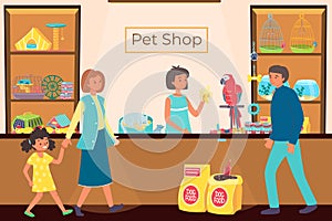 People in pet shop, store with animals, food for dogs, cute little cat, successful business, cartoon style vector