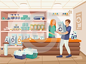 People in pet store. Customer purchasing large bag of dog food in animal care shop cartoon vector illustration