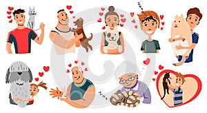 People and pets. Cat, dog and rabbit pet owner characters. Man and womans holding on hands his animals. Peoples love his