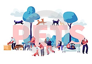 People and Pets Concept. Male and Female Characters Walking with Dogs and Cats Outdoors, Relaxing, Leisure, Love, Care of Animals