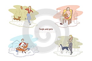 People and pets, man walking with dog, woman playing with cat, human and animals friendship banner template