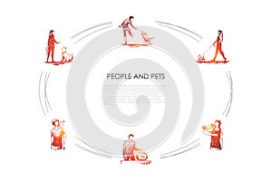 People and pets - people with their dogs, parrot, fish and lizzard vector concept set