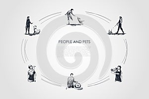 People and pets - people with their dogs, parrot, fish and lizzard vector concept set