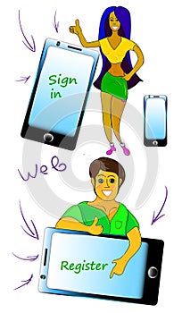 People and phone on laptop. Web button.