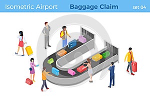 People pick up luggage in Airport Baggage Claim area from Conveyor Belt isometric vector illustration