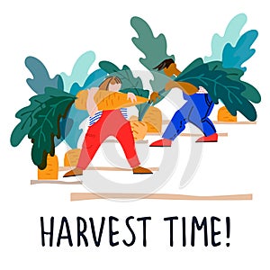 People picking giant carrot. Vector illustration in flat style. Harvesting concept. Agritourism concept