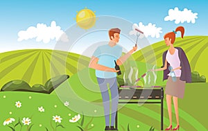 People on picnic or Bbq party in rural landscape. Man and woman cooking steaks and sausages on grill. Vector