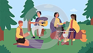 People on picnic camp flat vector illustration, cartoon happy young friend characters sitting by campfire, cooking food