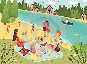 People on picnic outdoor with food and summer leisure, family on grass near trees and river with boat caroon vector