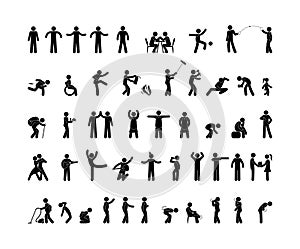 People pictogram in various poses, stick figure man isolated silhouette, human symbol