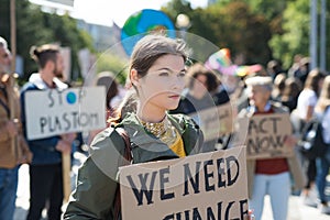 People with placards and posters on global strike for climate change.