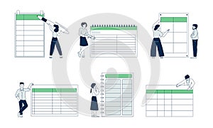 People with planners. Business planner blank template, woman and task board. Managers work strategy, agenda discussion